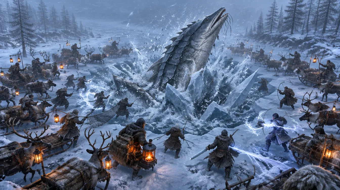 Tangkapan in-game: kereta rusa dan 40 pemain membentuk lingkaran di sungai beku saat badai, Ironscale Sturgeon menerobos es di tengah