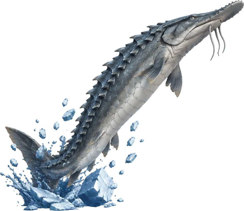 Ironscale Sturgeon, ikan purba bersisik pelat sepanjang perahu, melompat dari es yang pecah