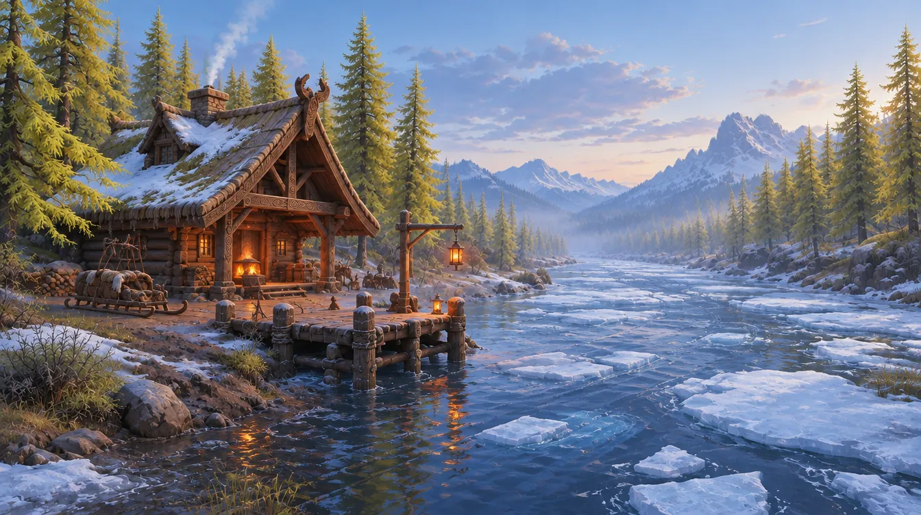 Coldwater Landing saat The Thaw: es pecah menjadi bongkahan, dermaga terendam, larch hijau keemasan